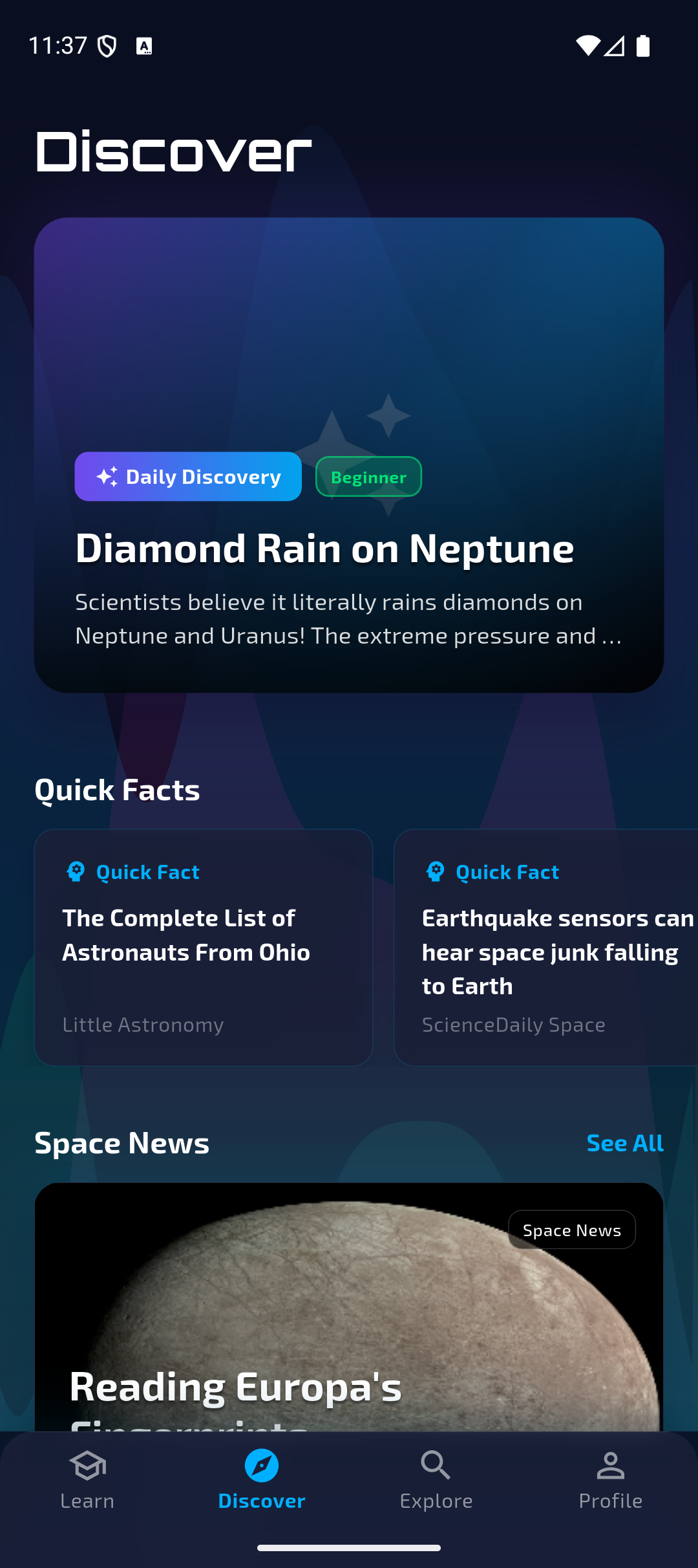 Discover tab - Daily discoveries and space news